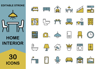 Home Interior Icon Set. – Includes furniture , home appliances, kitchen and bathroom. Editable stroke. Colored vector illustration.
