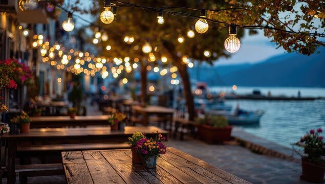 Charming waterfront restaurant terrace illuminated by warm string lights at dusk. - Powered by Adobe