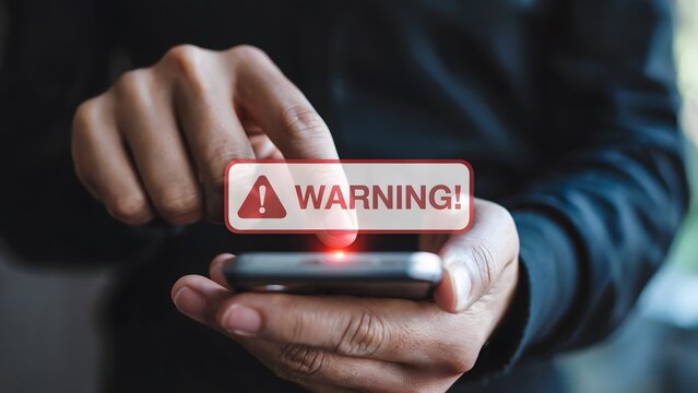 Urgent alert on phone screen warns of danger, prompting immediate action and cybersecurity vigilance in a digital world.
