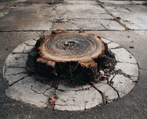 Old Tree Stump on Cracked Concrete Pavement.