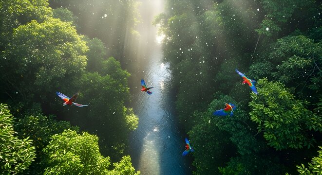 Vibrant Macaws Soar Above a Sunlit Amazonian Rainforest River