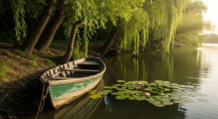 A Rustic, Aesthetic Wooden Boat Drifts Peacefully on Calm Waters, Surrounded by Lush Green Willow Trees and Delicate Water Lilies, Bathed in Golden Sunlight