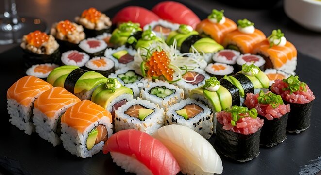 Assorted Sushi Platter with Fresh Fish Vegetables and Garnishes