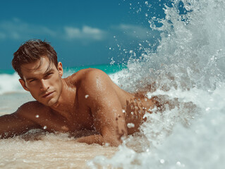 Young man standing in the ocean with waves crashing against his body under a clear blue sky