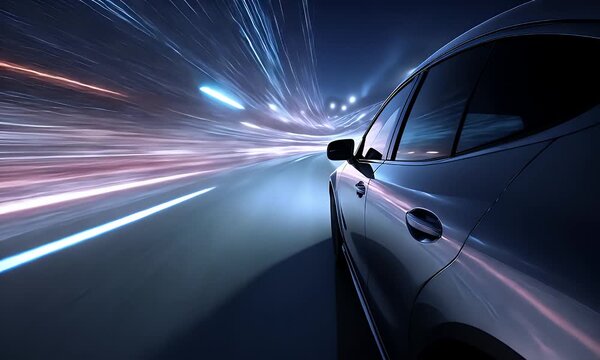 Nighttime Car Driving at High Speed on City Street with Light Trails and Motion Blur