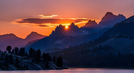 A breathtaking panoramic view of a tranquil mountain landscape at sunrise, with the sun’s rays peeking through rugged peaks, casting a warm glow over the serene lake and silhouetted trees in the foreg