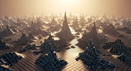 Futuristic 3D landscape with grid-like wireframe mountains and peaks, illuminated by a glowing light, representing digital terrain, data visualization, virtual reality, and advanced technology concept
