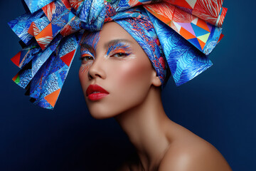 Bold portrait of a model wearing a vibrant geometric turban and dramatic makeup, set against a deep blue backdrop to convey avant-garde fashion and studio artistry.