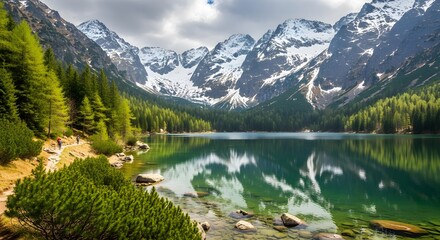 Crystal-clear alpine lake reflecting snow-capped mountains and lush green forests under a cloudy sky, capturing the breathtaking beauty, tranquility, and vibrant colors of pristine wilderness in a mou