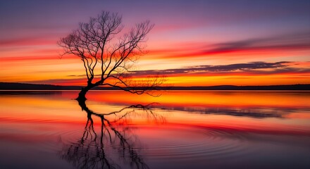 Lone tree reflected in calm water at sunset, with vibrant red, orange, and purple streaks painting the sky, capturing the dramatic beauty, tranquility, and peaceful solitude of nature in a breathtakin