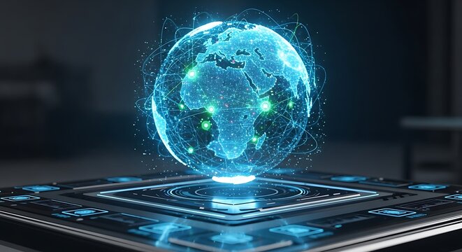 Global network connectivity visualizes data exchange and technological advancement on a futuristic digital platform, representing modern communication and interconnected world
