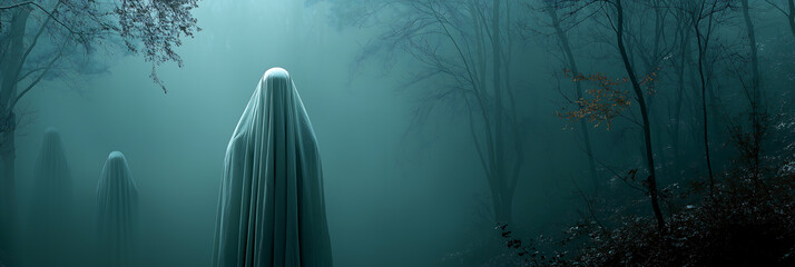 Spooky ghosts in forest photography halloween horror themed background