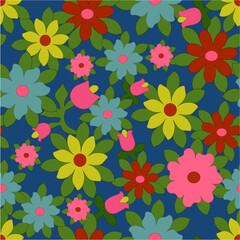 Retro 70s style, bright colors, red, pink, yellow, blue, green, garden, seamless pattern, pattern, vintage, vintage pattern, background, wallpaper, decoration, floral, boutique, flowers, bouquet