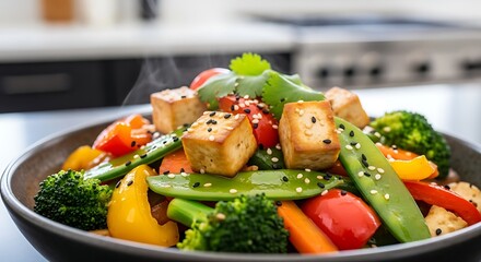 Colorful stir-fried tofu and vegetable dish with sesame seeds