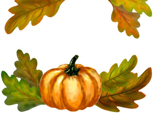  Pumpkins, autumn leaves,Decorative Oak Leaves Border for Seasonal Design.Green and Orange Oak Leaves Vector Illustration Watercolor style
