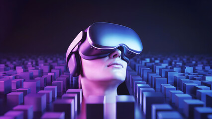 Mannequin head wearing vr headset surrounded by blue and purple blocks against a dark background 