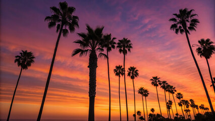 Scenic wide shot of palm trees silhouetted against vibrant sunset sky with hues of orange, pink, and purple, evoking serene tropical atmosphere