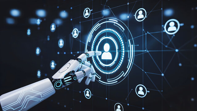 Robot hand interacting with digital interface showing user icons on a dark background