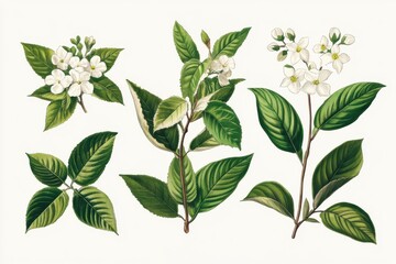 Botanical Illustration Featuring White Flowers and Lush Green Leaves