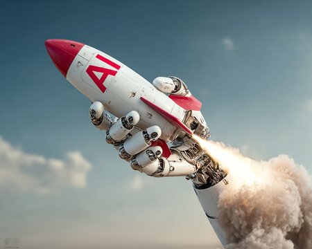 A robotic hand launches a white and red AI rocket, generating a bright flame and smoke against a blue cloudy sky. The scene is digitally rendered and highly detailed