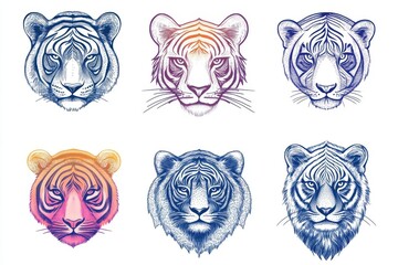 Six Colorful Tiger Head Illustrations in Artistic Style