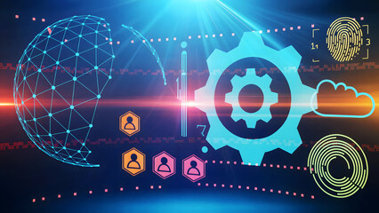 Digital technology interface with globe gear cloud fingerprint and user icons on dark blue background 