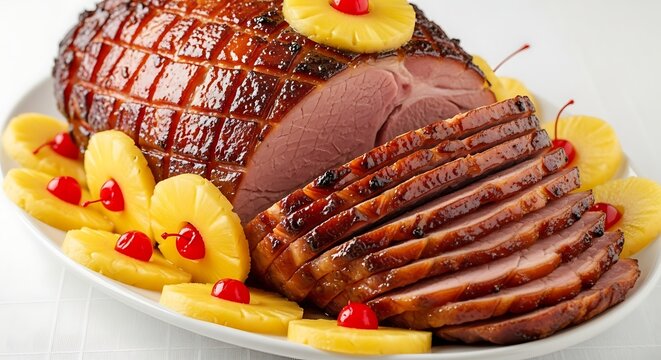 Delicious glazed ham garnished with pineapple and cherries on a white plate