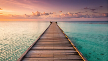 Obraz premium Wooden pier stretches into crystal clear ocean waters under vibrant sunset sky, creating serene and tranquil atmosphere