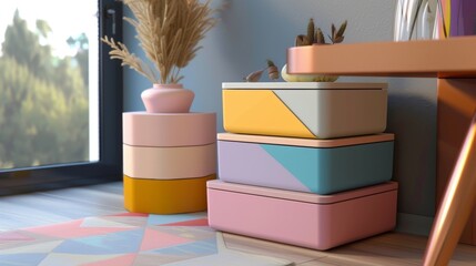 Quirky storage bins with whimsical geometric designs that bring a fun and playful element to organization.