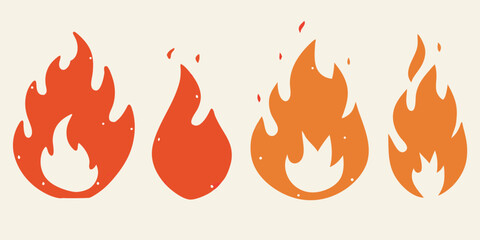 Set of stylized cartoon flames in various sizes and shades of orange and red