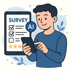 User Experience Illustration &ndash; Character Holding Smartphone and Using AI to Complete Survey, Provide Feedback and Customer Ratings Vector