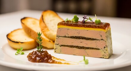 Elegant layered terrine with toasted bread and garnishes