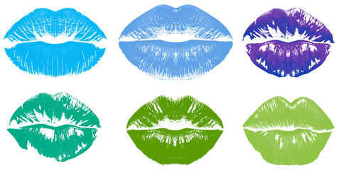 Lipstick kiss marks in different colors on white background, set