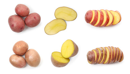 Raw potatoes isolated on white, collage. Whole and cut