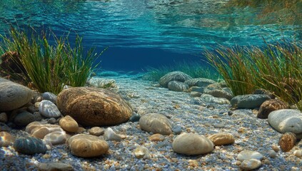 Obraz premium Clear underwater riverbed with smooth stones and aquatic plants.
