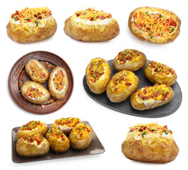 Tasty baked potatoes with stuffing isolated on white, set