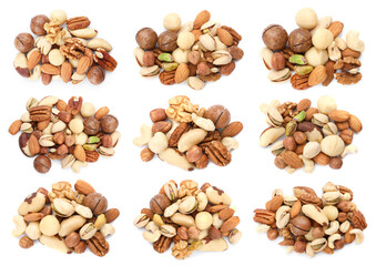 Nuts mix in heaps isolated on white, set. Top view
