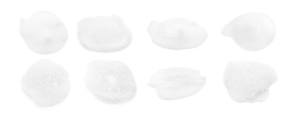 Samples of cleansing foam isolated on white, set. Washing cosmetic
