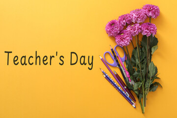 Happy Teacher's Day greeting card with flowers, stationery and text on orange background