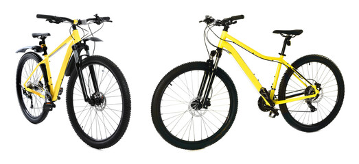 Fototapeta premium Modern yellow bicycle isolated on white, collage