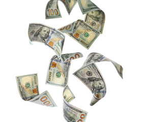 Money. Dollar bills falling against white background