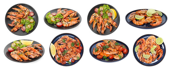 Grilled shrimps isolated on white, set. Delicious sea food