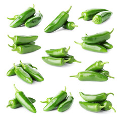 Fresh green jalapeno peppers isolated on white, set