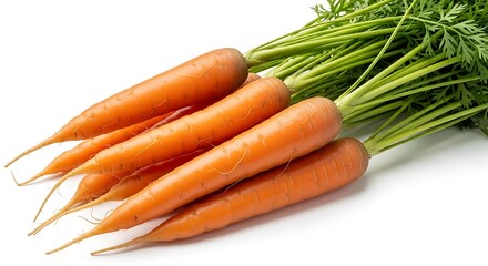 Fresh Organic Carrots with Green Tops on White Background