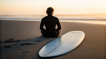 Surfer in wetsuit sits on sand at sunrise, waxing their surfboard while gazing at calm ocean waves