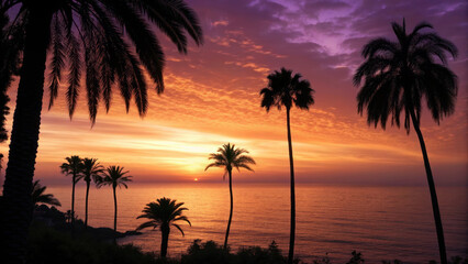 Obraz premium Vibrant sunset with silhouettes of palm trees framing calm ocean, creating serene tropical atmosphere