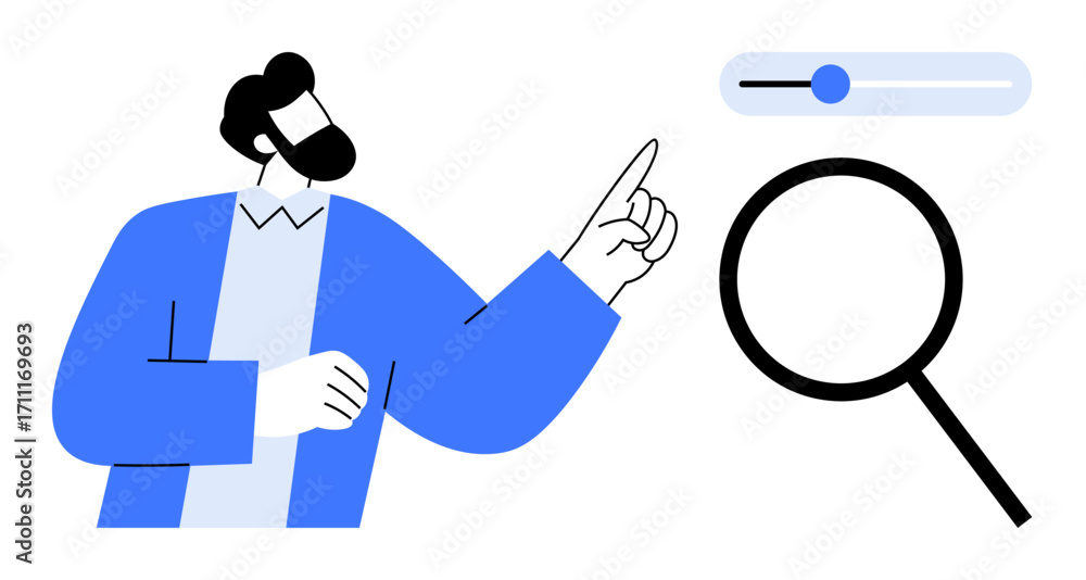 Aufkleber man gesturing towards a magnifying glass and a slider to represent search or filtering options. idea