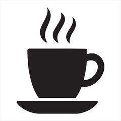 Simple black silhouette of a steaming hot cup of coffee or tea on a saucer
