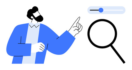 Man gesturing towards a magnifying glass and a slider to represent search or filtering options. Ideal for research, navigation, optimization, technology, discovery, analysis, simple flat metaphor