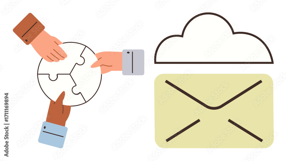 Poster three hands assembling puzzle pieces symbolizing teamwork, next to a cloud and envelope for online c